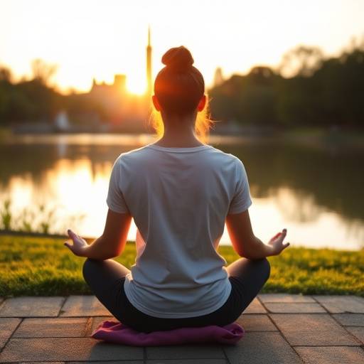 A serene scene of a person meditating in a park in London at sunrise