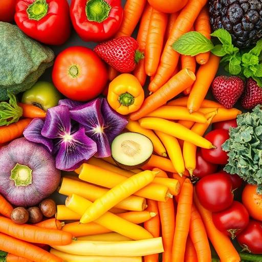 A vibrant and colorful plate of fruits and vegetables, emphasizing healthy eating habits