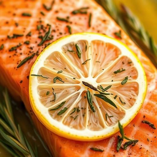 Close-up of a salmon fillet with herbs and lemon