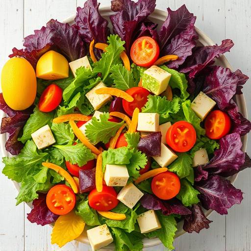 Overhead shot of a colorful salad with mixed greens and vegetables